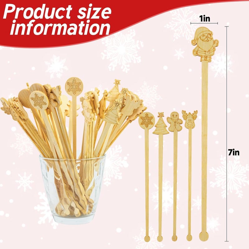 BOKFJBP 50PCS Bamboo Coffee Stirrers, 7inch Christmas Biodegradable Disposable Stir Sticks Coffee Drink Cocktail Stirrers for Christmas Winter Office Home Coffee Milk Hot Chocolate Bar Supplies - Image 2